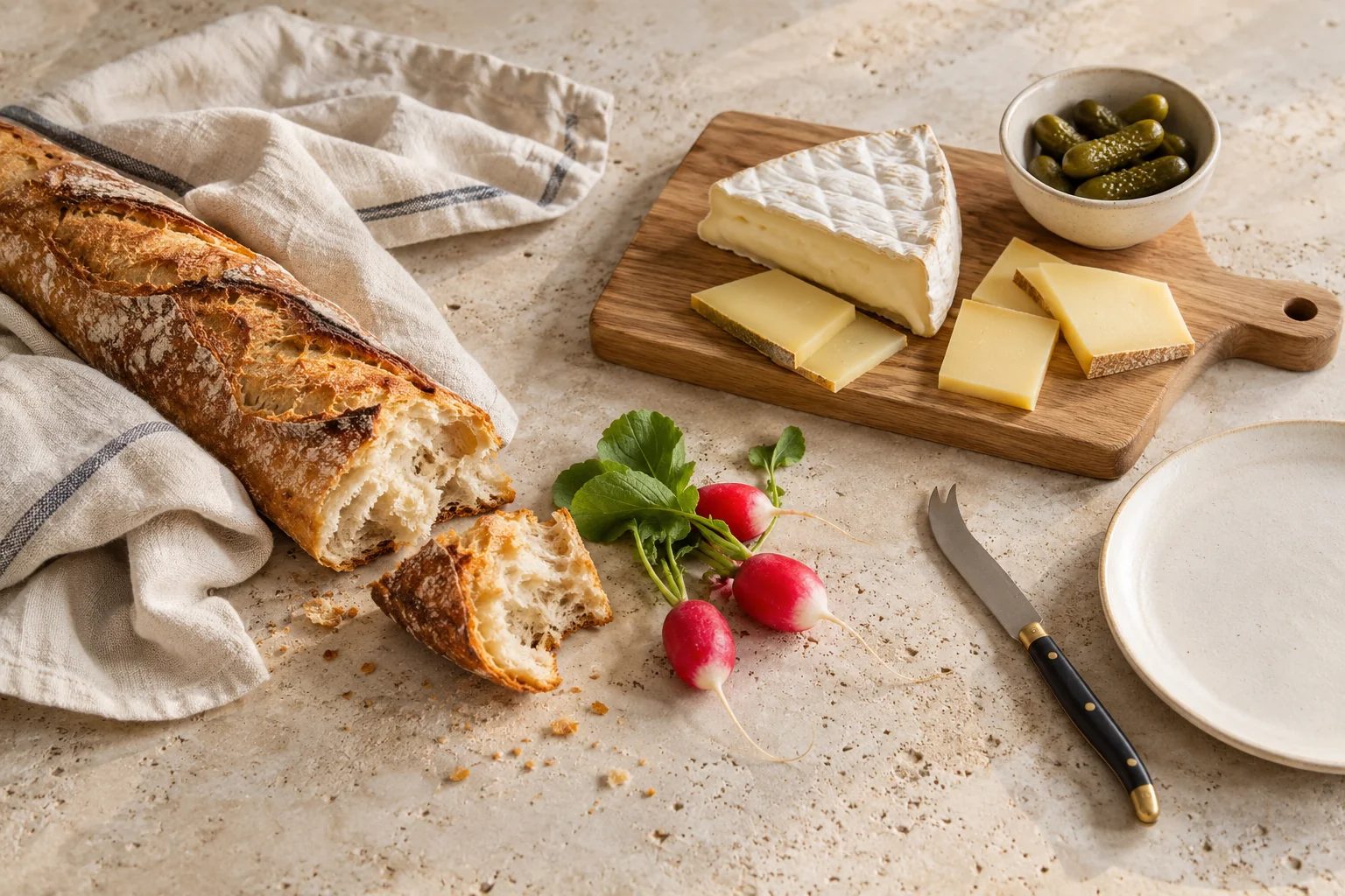 A baguette with a wedge of cheese, radishes and cornichons on a wooden board