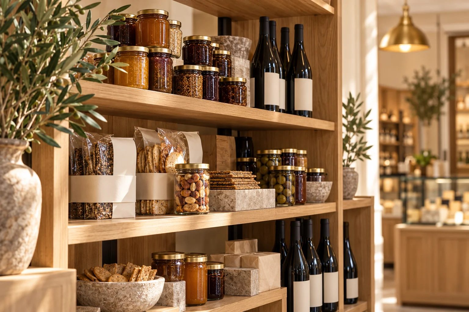 Shop shelves of jams, jars, crackers and wine