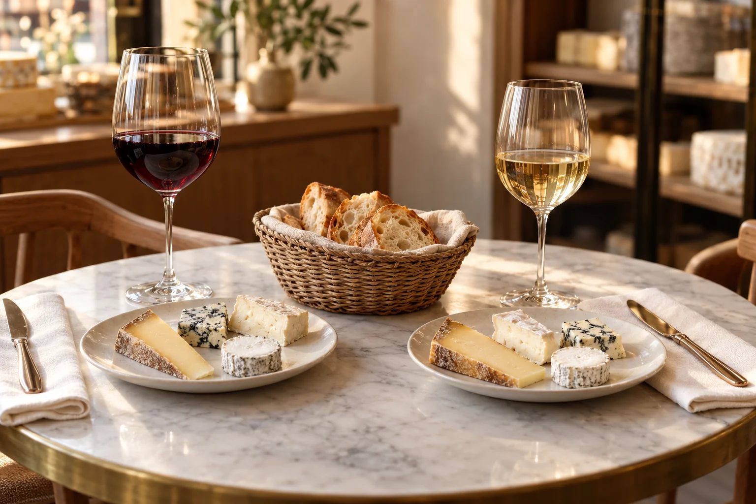 A small table for two with red and white wine, a bread basket and plates of cheese